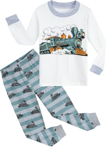 EULLA Kinder Jungen Schlafanzug Langarm Baumwolle Winter Pyjama Set Zug Zweiteiliger Nachtwäsche 3 Jahre alt Größe 98 G-Weiß Zug DE 98 von EULLA