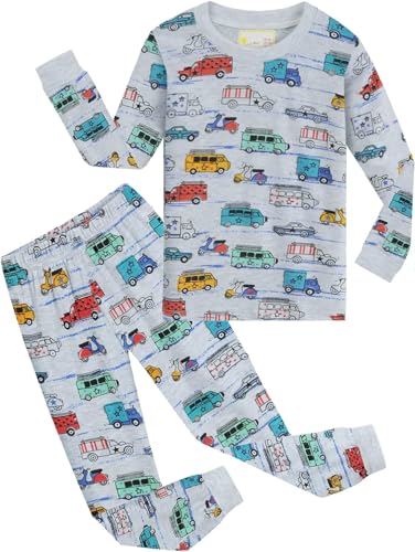 EULLA Kinder Jungen Schlafanzug Langarm Baumwolle Winter Pyjama Set Feuerwehrwagen Zweiteiliger Nachtwäsche 3 Jahre alt Größe 98 H-Grau Feuerwehrwagen Krankenwagen DE 98 von EULLA