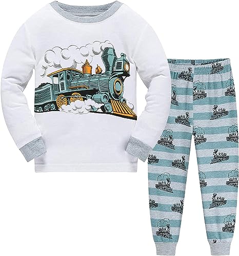 EULLA Kinder Jungen Schlafanzug Langarm Baumwolle Winter Pyjama Set Zug Zweiteiliger Nachtwäsche 6 Jahre alt Größe 116 G-Weiß Zug DE 116 von EULLA