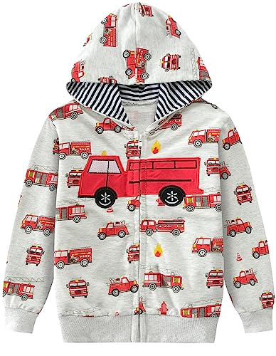 EULLA Kinder Jungen Zip Up Hoodie Sweatjacke Kapuzenjacke Feuerwehrwagen Kapuzenpullover Langarm Baumwolle Pullover Hoody Sweatshirt mit Reißverschluss 7# Grau Feuerwehrwagen DE 92 von EULLA