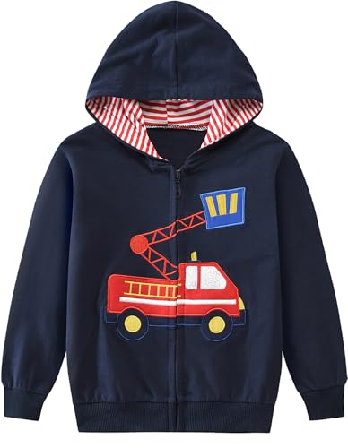 EULLA Kinder Jungen Zip Up Hoodie Sweatjacke Kapuzenjacke Feuerwehrwagen Kapuzenpullover Langarm Baumwolle Pullover Hoody Sweatshirt mit Reißverschluss 9# Dunkelblau Feuerwehrwagen DE 110 von EULLA