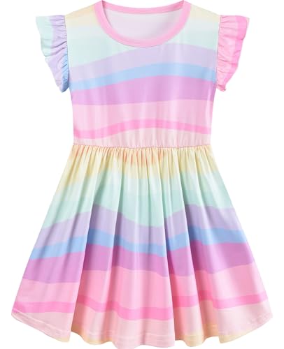 EULLA Kinder Mädchen Kleid Kurzer Rüschenärmel Lässig A-Linie Rundhalsausschnitt Hell Bunt Regenbogenstreifen Sommer Knielanges Prinzessin Kleider Gr.110 von EULLA