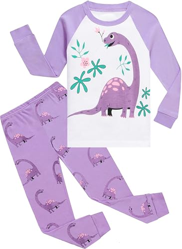 EULLA Kinder Mädchen Schlafanzüge Langarm Baumwolle Winter Pyjama Set Dinosaurier Zweiteilig Nachtwäsche 2 Jahre alt G-Lila Dinosaurier DE 92 von EULLA