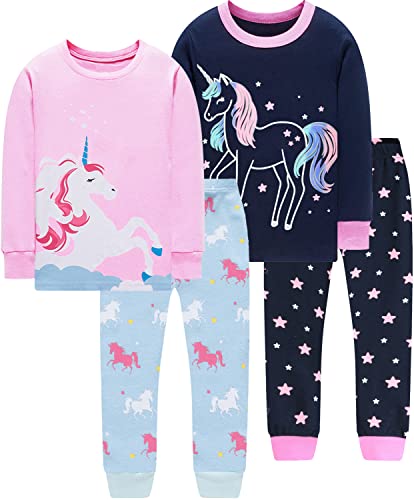 EULLA Kinder Mädchen Schlafanzüge Langarm Baumwolle Winter Pyjama Set Glow in The Dark Einhorn Zweiteilig Nachtwäsche 2 Jahre alt K-Double Pack Einhorn Set DE 92 von EULLA