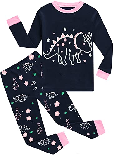 EULLA Kinder Mädchen Schlafanzüge Langarm Baumwolle Winter Pyjama Set Glow in The Dark Dinosaurier Zweiteilig Nachtwäsche 5 Jahre alt B-Dunkelblau Glow in The Dark Dinosaurier DE 110 von EULLA