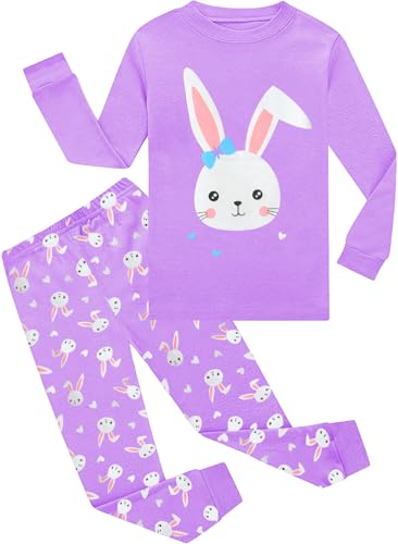 EULLA Kinder Mädchen Schlafanzüge Langarm Baumwolle Winter Pyjama Set Hase Zweiteilig Nachtwäsche 6 Jahre alt E-Lila Hase DE 116 von EULLA