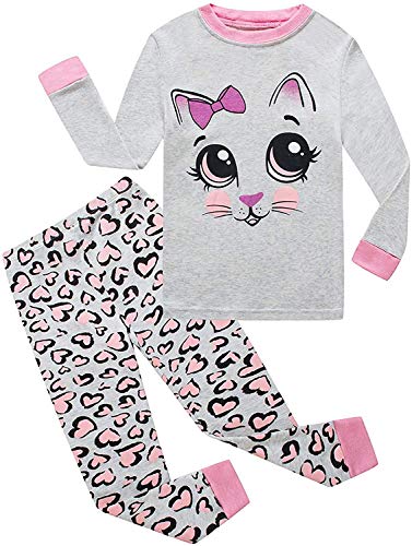 EULLA Kinder Mädchen Schlafanzüge Langarm Baumwolle Winter Pyjama Set Katze Zweiteilig Nachtwäsche 7 Jahre alt D-Grau Katze DE 122 von EULLA