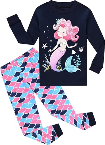 EULLA Kinder Mädchen Schlafanzüge Langarm Baumwolle Winter Pyjama Set Meerjungfrau Zweiteilig Nachtwäsche Größe 6 Jahre alt O-Dunkelblau Meerjungfrau DE 116 von EULLA