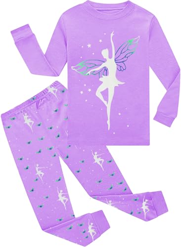 EULLA Kinder Mädchen Schlafanzüge Winter Pyjama Set Glow in The Dark Prinzessin Ballerina Langarm Baumwolle Zweiteilig Nachtwäsche 6 Jahre alt 2# Lila Glow in The Dark Prinzessin DE 116 von EULLA