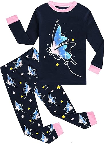 EULLA Kinder Mädchen Schlafanzüge Winter Pyjama Set Glow in The Dark Schmetterling Langarm Baumwolle Zweiteilig Nachtwäsche 7 Jahre alt 1# Dunkelblau Glow in The Dark Schmetterling DE 122 von EULLA