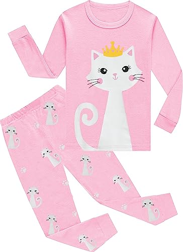 EULLA Kinder Mädchen Schlafanzüge Winter Pyjama Set Katzen Langarm Baumwolle Zweiteilig Nachtwäsche 7 Jahre alt 7# Rosa Katzen DE 122 von EULLA