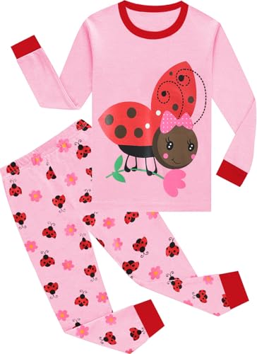 EULLA Kinder Mädchen Schlafanzüge Winter Pyjama Set Marienkäfer Langarm Baumwolle Zweiteilig Nachtwäsche 5 Jahre alt F-Rosa Marienkäfer DE 110 von EULLA