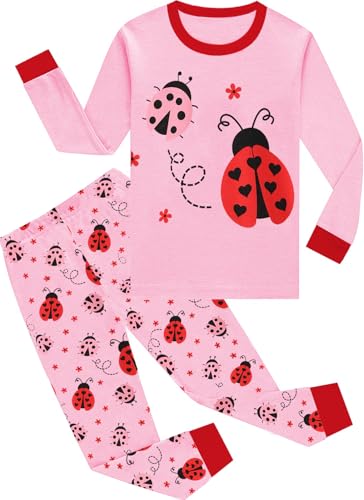 EULLA Kinder Mädchen Schlafanzüge Winter Pyjama Set Marienkäfer Langarm Baumwolle Zweiteilig Nachtwäsche 5 Jahre alt H-Rosa Marienkäfer DE 110 von EULLA