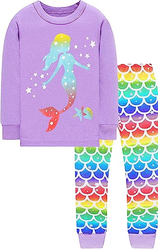 EULLA Kinder Mädchen Schlafanzüge Winter Pyjama Set Meerjungfrau Langarm Baumwolle Zweiteilig Nachtwäsche 2 Jahre alt 3# Lila Meerjungfrau DE 92 von EULLA