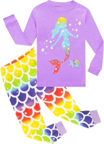 EULLA Kinder Mädchen Schlafanzüge Winter Pyjama Set Meerjungfrau Langarm Baumwolle Zweiteilig Nachtwäsche 5 Jahre alt 3# Lila Meerjungfrau DE 110 von EULLA