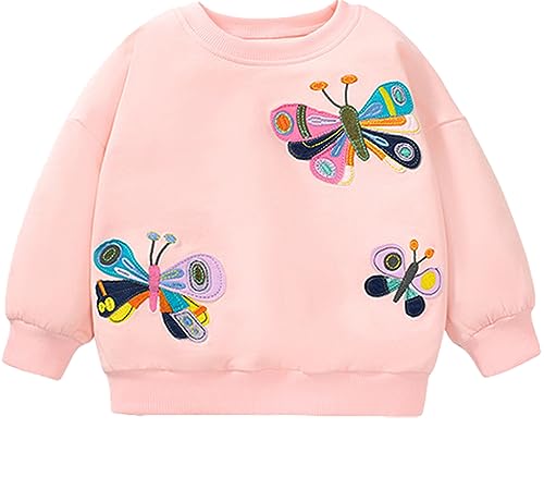 EULLA Kinder Mädchen Sweatshirt Pullover Activewear Langarm Baumwolle Schmetterling Herbst Winter Oberteile 7 Jahre alt 9# Rosa Schmetterling DE 122 von EULLA