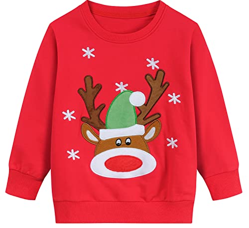 EULLA Kinder Mädchen Jungen Weihnacht Pullover Sweatshirt Weihnachtsoutfit Weihnachtspuli Winter Baumwolle Langarm Christmas Xmas Rentier Weihnachtskleidung Gr.110/116 6 Jahre 1# Rot Rentier DE 116 von EULLA