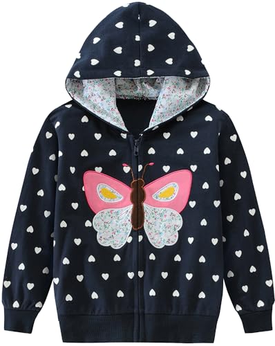 EULLA Kinder Mädchen Zip Up Hoodie Sweatjacke Kapuzenjacke Kapuzenpullover Langarm Baumwolle Dunkelblau Schmetterling Pullover Hoody Sweatshirt mit Reißverschluss 7# Dunkelblau Schmetterling DE 110 von EULLA