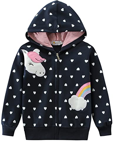 EULLA Kinder Mädchen Zip Up Hoodie Sweatjacke Kapuzenjacke Kapuzenpullover Langarm Baumwolle Einhorn Regenbogen Pullover Hoody Sweatshirt mit Reißverschluss 2# Dunkelblau Einhorn Regenbogen DE 122 von EULLA