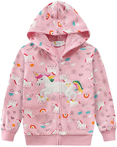 EULLA Kinder Mädchen Zip Up Hoodie Sweatjacke Kapuzenjacke Kapuzenpullover Langarm Baumwolle Rosa Einhorn Regenbogen Pullover Hoody Sweatshirt mit Reißverschluss 5# Rosa Einhorn Regenbogen DE 110 von EULLA