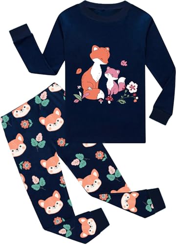 EULLA Kinder Schlafanzüge Mädchen Langarm Winter Pyjama Set Baumwolle Fuchs Prinzessin Zweiteilig Nachtwäsche 4 Jahre alt L-Dunkelblau Fuchs DE 104 von EULLA