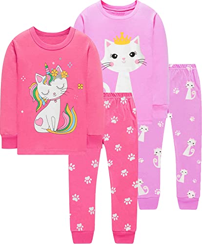 EULLA Kinder Mädchen Schlafanzüge Langarm Baumwolle Winter Pyjama Set Katze Zweiteilig Nachtwäsche 2 Jahre alt J-Double Pack Katze Set DE 92 von EULLA