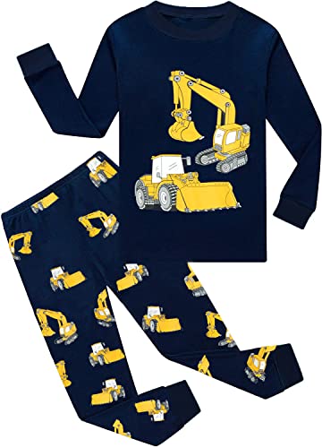 EULLA Kinder Jungen Schlafanzug Langarm Baumwolle Winter Pyjama Set Bagger Zweiteiliger Nachtwäsche 5 Jahre alt Größe 110 A-Dunkelblau Bagger DE 110 von EULLA