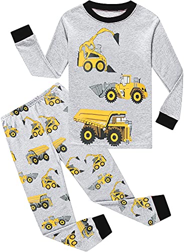 EULLA Kinder Jungen Schlafanzug Langarm Baumwolle Winter Pyjama Set Bagger Zweiteiliger Nachtwäsche 5 Jahre alt Größe 110 E-Grau Bagger DE 110 von EULLA