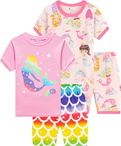 EULLA Kinder Schlafanzug Mädchen Kurz Sommer Pyjamas Set Meerjungfrau Shorty Zweiteilig Nachtwäsche Baumwolle Größe 4 Jahre alt 9-1# 2er Pack Rosa Meerjungfrau Set DE 104 von EULLA