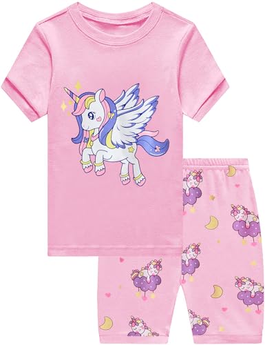 EULLA Kinder Schlafanzug Mädchen Kurz Sommer Pyjamas Set Einhorn Shorty Zweiteilig Nachtwäsche Baumwolle Größe 5 Jahre alt 6# Rosa Einhorn DE 110 von EULLA