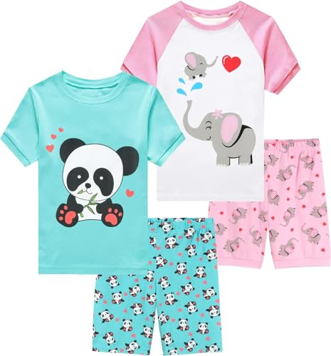 EULLA Kinder Schlafanzug Mädchen Kurz Sommer Pyjamas Set Elefant Panda Shorty Zweiteilig Nachtwäsche Baumwolle Größe 4 Jahre alt 9# 2er Pack Grün Weiß Rosa Elefant Panda DE 104 von EULLA