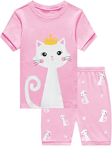 EULLA Kinder Schlafanzug Mädchen Kurz Sommer Pyjamas Set Katze Shorty Zweiteilig Nachtwäsche Baumwolle Größe 4 Jahre alt 9# Rosa Katze DE 104 von EULLA