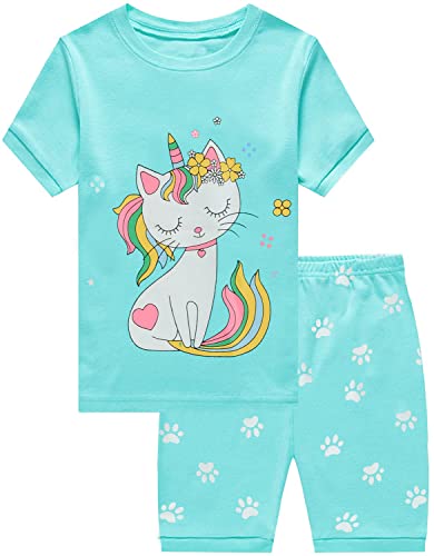 EULLA Kinder Schlafanzug Mädchen Kurz Sommer Pyjamas Set Katze Shorty Zweiteilig Nachtwäsche Baumwolle Größe 7 Jahre alt 4# Grün Katze DE 122 von EULLA