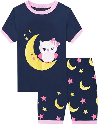 EULLA Kinder Schlafanzug Mädchen Kurz Sommer Pyjamas Set Ostern Eule Shorty Zweiteilig Nachtwäsche Baumwolle Größe 4 Jahre alt 9# Dunkelblau Eule DE 104 von EULLA