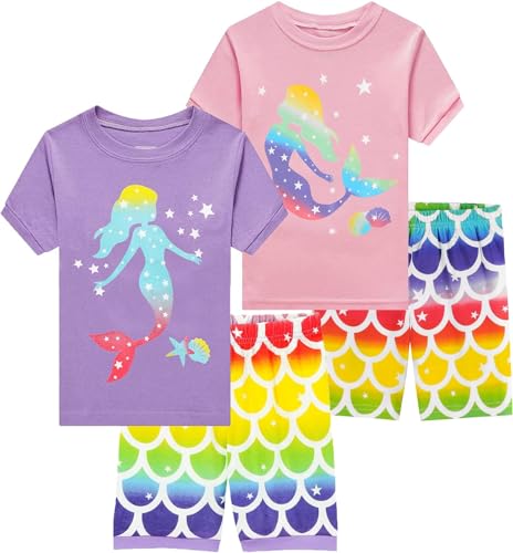 EULLA Kinder Schlafanzug Mädchen Kurz Sommer Pyjamas Set Ostern Meerjungfrau Shorty Zweiteilig Nachtwäsche Baumwolle Größe 4 Jahre alt 9-1# 2er Pack Rosa Lila Meerjungfrau Set DE 104 von EULLA