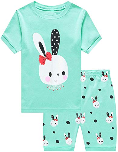 EULLA Kinder Schlafanzug Mädchen Kurz Sommer Pyjamas Set Hase Shorty Zweiteilig Nachtwäsche Baumwolle Größe 5 Jahre alt 4# Grün Hase DE 110 von EULLA