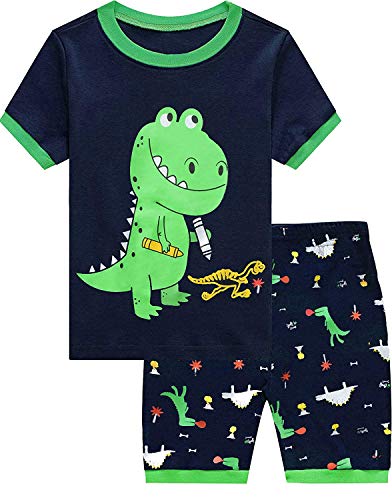 EULLA Kinder Jungen Schlafanzug Kurzarm Sommer Shorty Pyjama Set Dinosaurier Zweiteiliger Nachtwäsche Baumwolle Größe 6 Jahre alt 3# Dunkelblau Dinosaurier DE 116 von EULLA