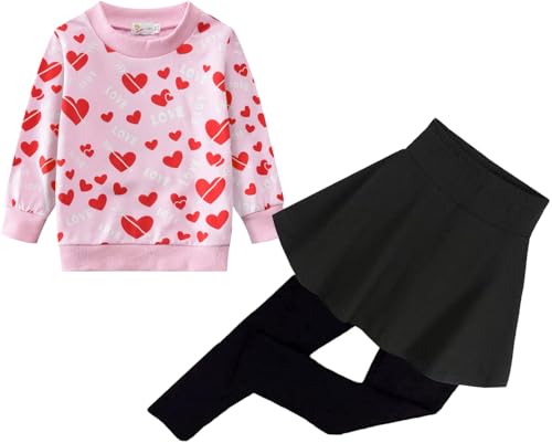 EULLA Mädchen Bekleidungssets Kinder Langarm Top + Leggings Rock Hose Outfits Baumwolle Warm Kleidung Set mit Rosa Herzfürm Kinderkleidung für Mädchen Gr.104 von EULLA
