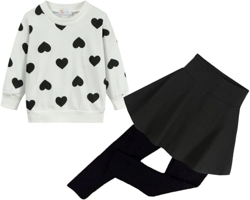 EULLA Mädchen Bekleidungssets Kinder Langarm Top + Leggings Rock Hose Outfits Baumwolle Warm Kleidung Set mit Weiß Herzfürm Kinderkleidung für Mädchen Gr.128 von EULLA