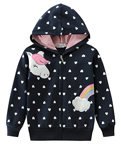 EULLA Mädchen Hoodie Reißverschluss Kinder Pullover Baumwolle Tops Einhorn Dinosaurier Langarm Jacke Kleinkind Sweatshirts Outfit Kleidung Geschenk 1-7 Jahre, 5# Einhorn Marineblau, 4-5 Jahre von EULLA