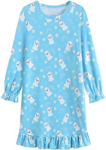 EULLA Mädchen Nachthemd Langarm Kinder Nachtkleid mit Niedlichen Alpaka Prints Blau Schlafanzug Kleid Herbst Winter Baumwolle Nightdress für Mädchen Gr.128 von EULLA