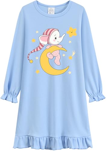 EULLA Mädchen Nachthemd Langarm Kinder Nachtkleid mit Niedlichen Elefanten Prints Blau Schlafanzug Kleid Herbst Winter Baumwolle Nightdress für Mädchen Gr.134 von EULLA