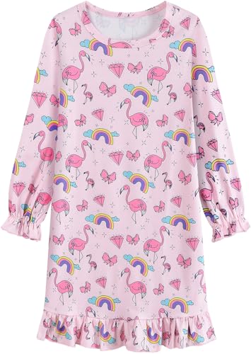 EULLA Mädchen Nachthemd Langarm Kinder Nachtkleid mit Niedlichen Flamingo Prints Rosa Schlafanzug Kleid Herbst Winter Baumwolle Nightdress für Mädchen Gr.128 von EULLA