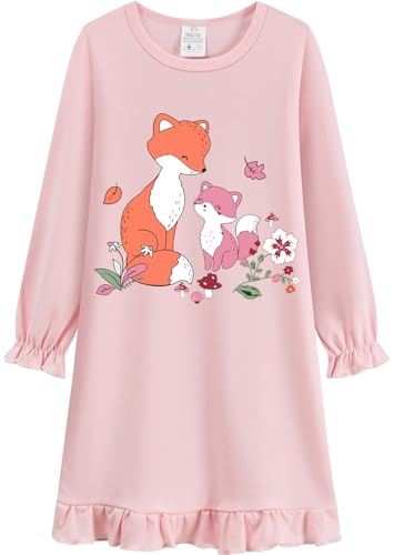 EULLA Mädchen Nachthemd Langarm Kinder Nachtkleid mit Niedlichen Fuchs Prints Rosa Schlafanzug Kleid Herbst Winter Baumwolle Nightdress für Mädchen Gr.104 von EULLA