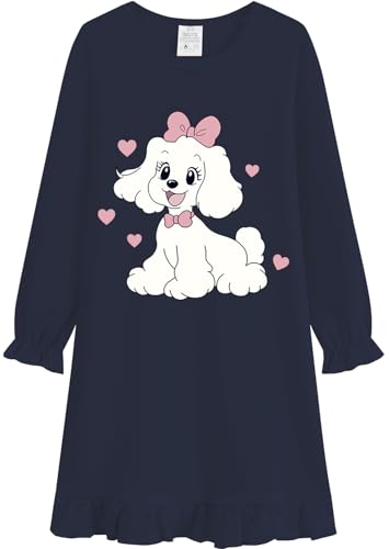 EULLA Mädchen Nachthemd Langarm Kinder Nachtkleid mit Niedlichen Hund Prints Dunkelblau Schlafanzug Kleid Herbst Baumwolle Nightdress für Mädchen Gr.134 von EULLA