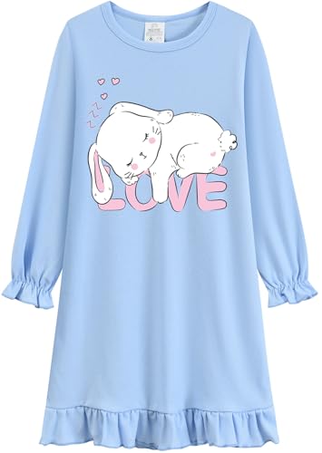 EULLA Mädchen Nachthemd Langarm Kinder Nachtkleid mit Niedlichen Kaninchen Prints Blau Schlafanzug Kleid Herbst Winter Baumwolle Nightdress für Mädchen Gr.110 von EULLA