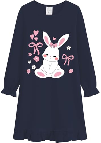 EULLA Mädchen Nachthemd Langarm Kinder Nachtkleid mit Niedlichen Kaninchen Prints Dunkelblau Schlafanzug Kleid Herbst Baumwolle Nightdress für Mädchen Gr.110 von EULLA