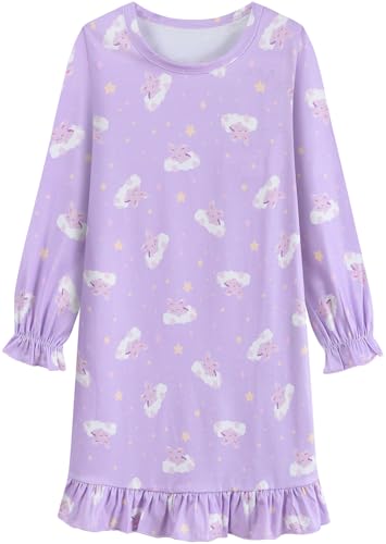 EULLA Mädchen Nachthemd Langarm Kinder Nachtkleid mit Niedlichen Kaninchen Prints Lila Schlafanzug Kleid Herbst Winter Baumwolle Nightdress für Mädchen Gr.104 von EULLA