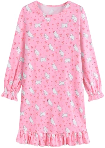 EULLA Mädchen Nachthemd Langarm Kinder Nachtkleid mit Niedlichen Katze Prints Rosa Schlafanzug Kleid Herbst Winter Baumwolle Nightdress für Mädchen Gr.116 von EULLA