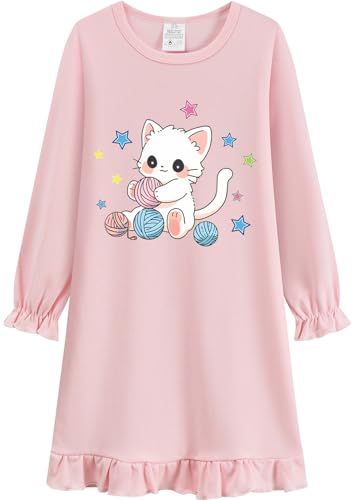 EULLA Mädchen Nachthemd Langarm Kinder Nachtkleid mit Niedlichen Katze Prints Rosa Schlafanzug Kleid Herbst Winter Baumwolle Nightdress für Mädchen Gr.134 von EULLA